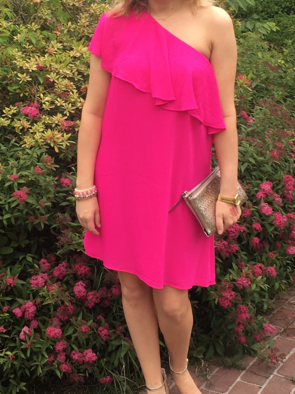 CeCe Hot Pink One Shoulder Ruffle Dress Size 8 Cocktail Wedding Guest